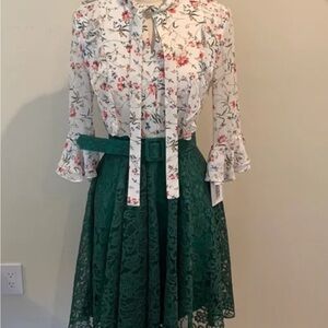New with defects Mikael Aghal floral Green lace Belted fit&flare dress size 10